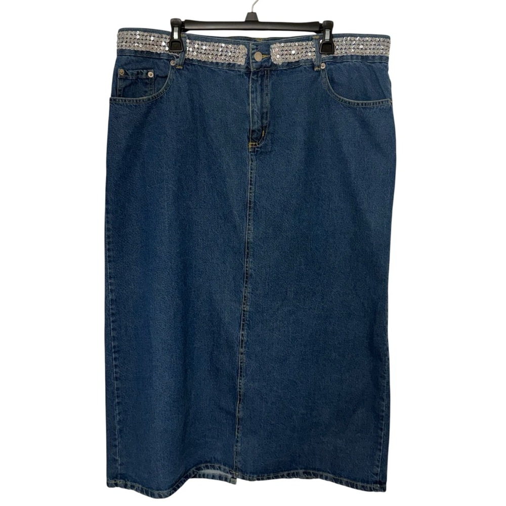 United Team Women's Sequined Waistband, 5-Pocket Medium Wash Denim Skirt, Sz 20W